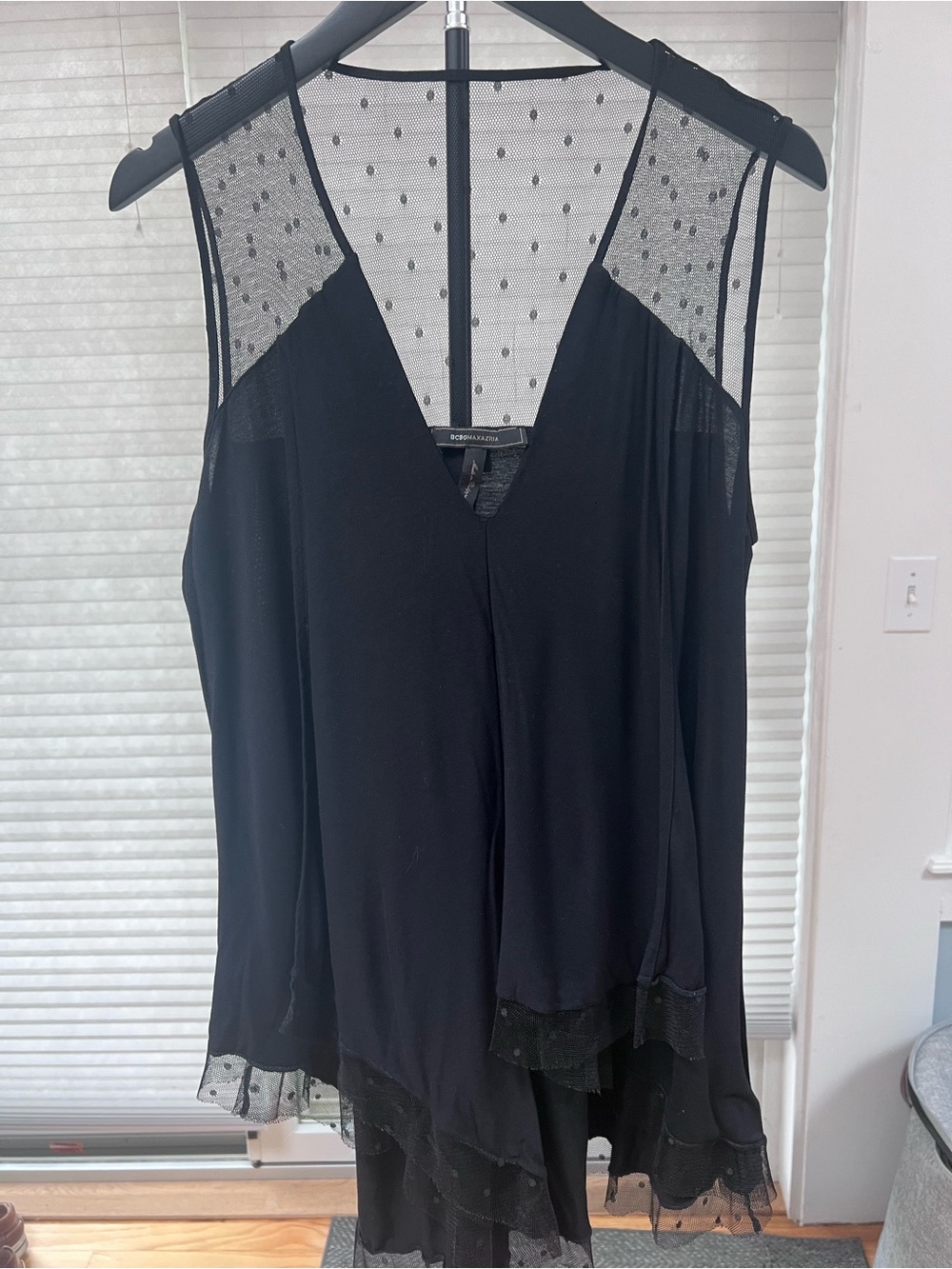 BCBCMaxAzria Black Sleeveless Swiss Dot Mesh Tunic Top Size M